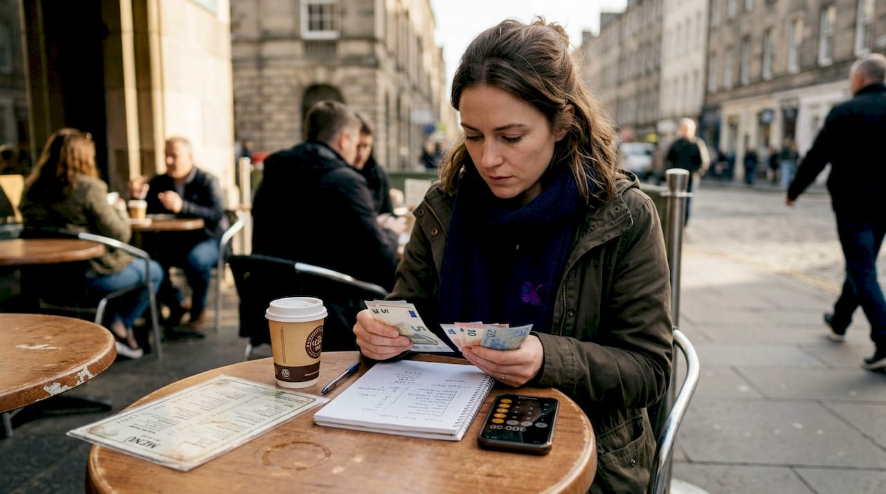 Traveller converting money with euro notes at café