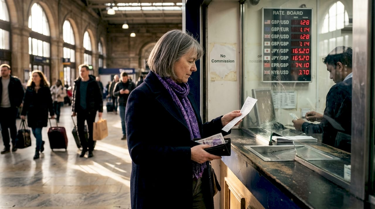 Woman checking rates at currency exchange counter