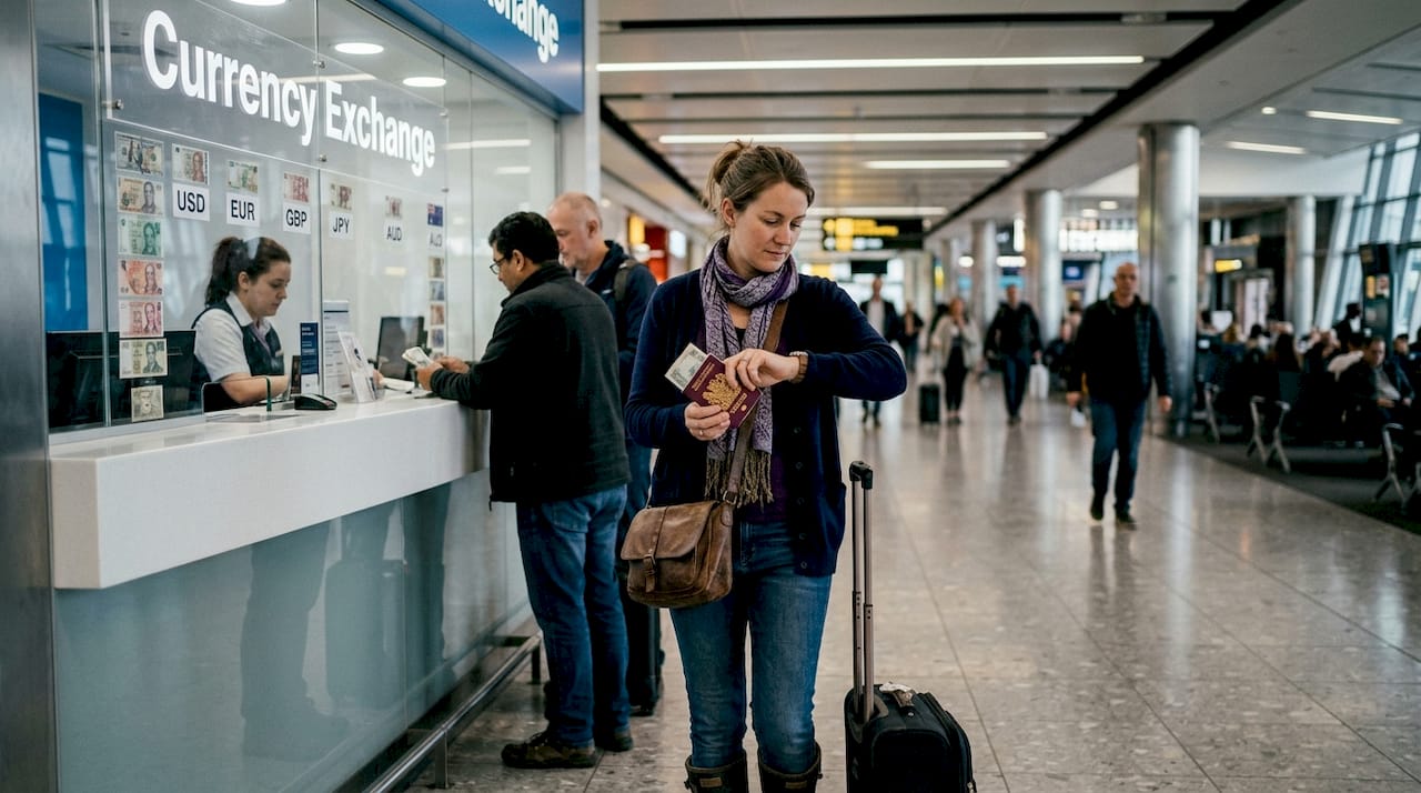 Woman waiting at airport currency exchange bureau