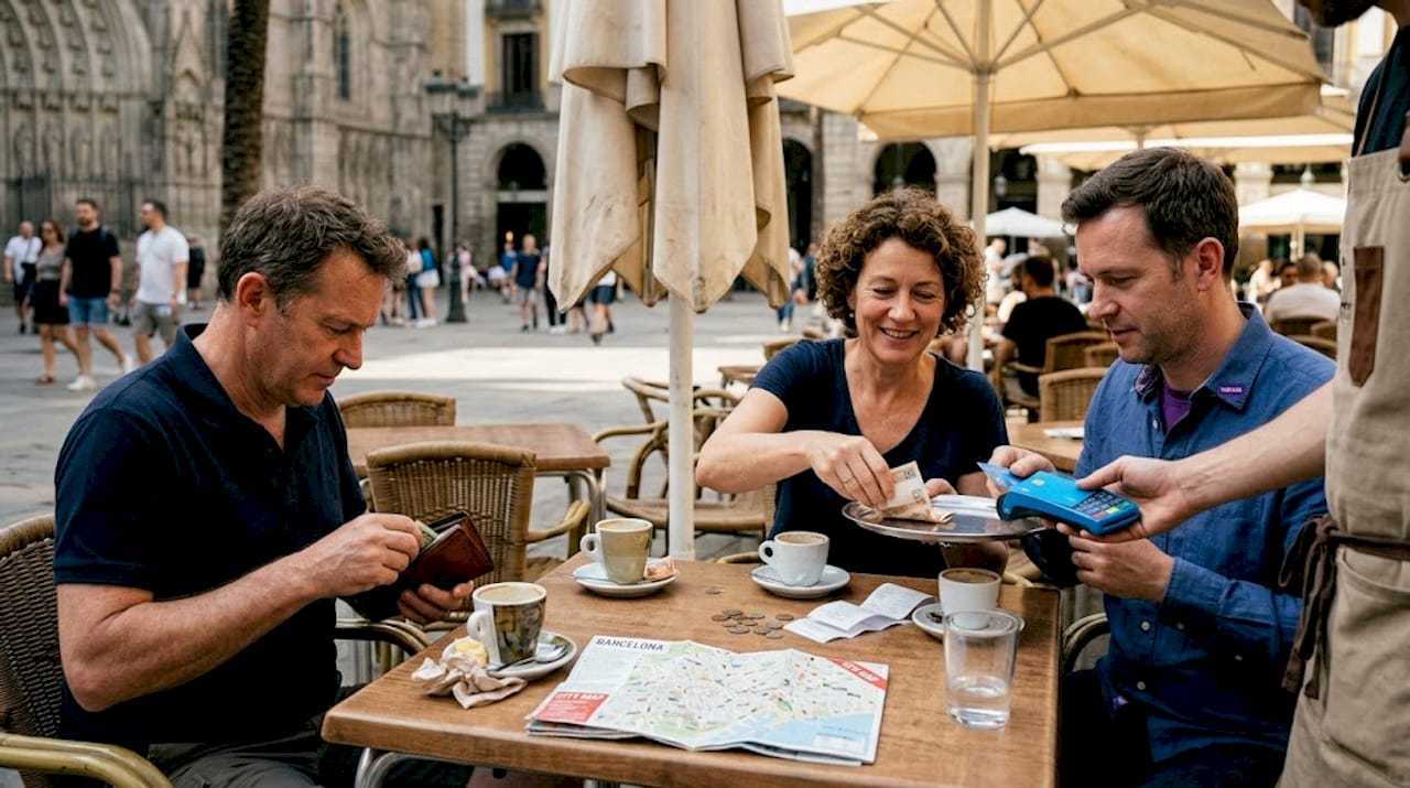 Travelers use cash and card at café table