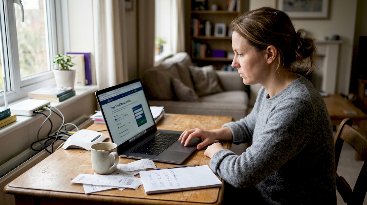 Woman ordering currency online at home desk