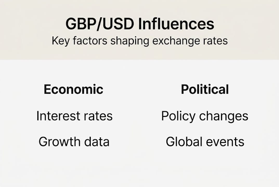 Infographic showing GBP USD exchange rate factors