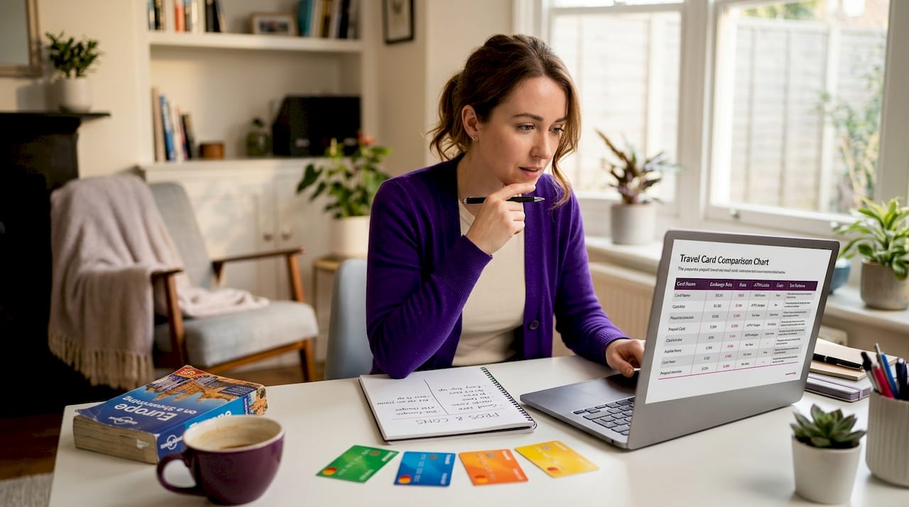 Person comparing prepaid travel cards at desk