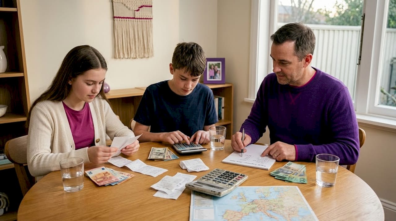 Family reviewing receipts and travel currency at dining table