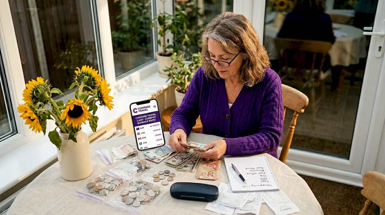 Woman sorts leftover travel money at dining table