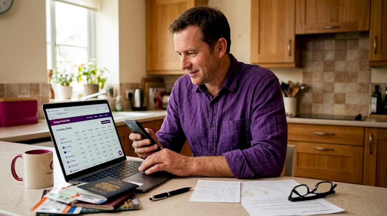 Man comparing currency rates online at kitchen counter