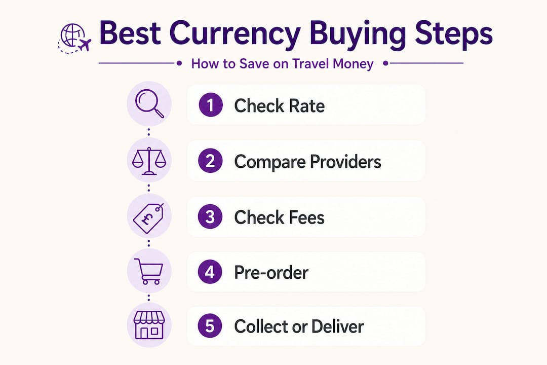 Infographic showing steps to buy foreign currency