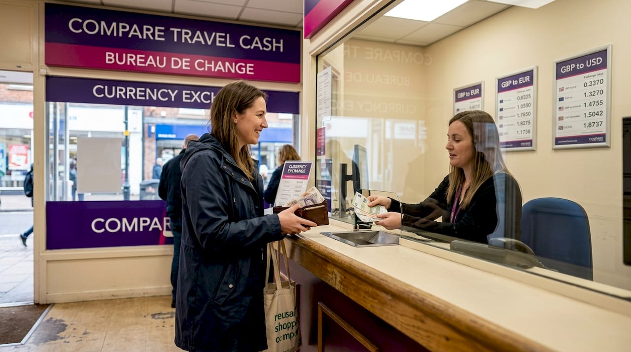 Woman exchanging pounds for Euros and dollars