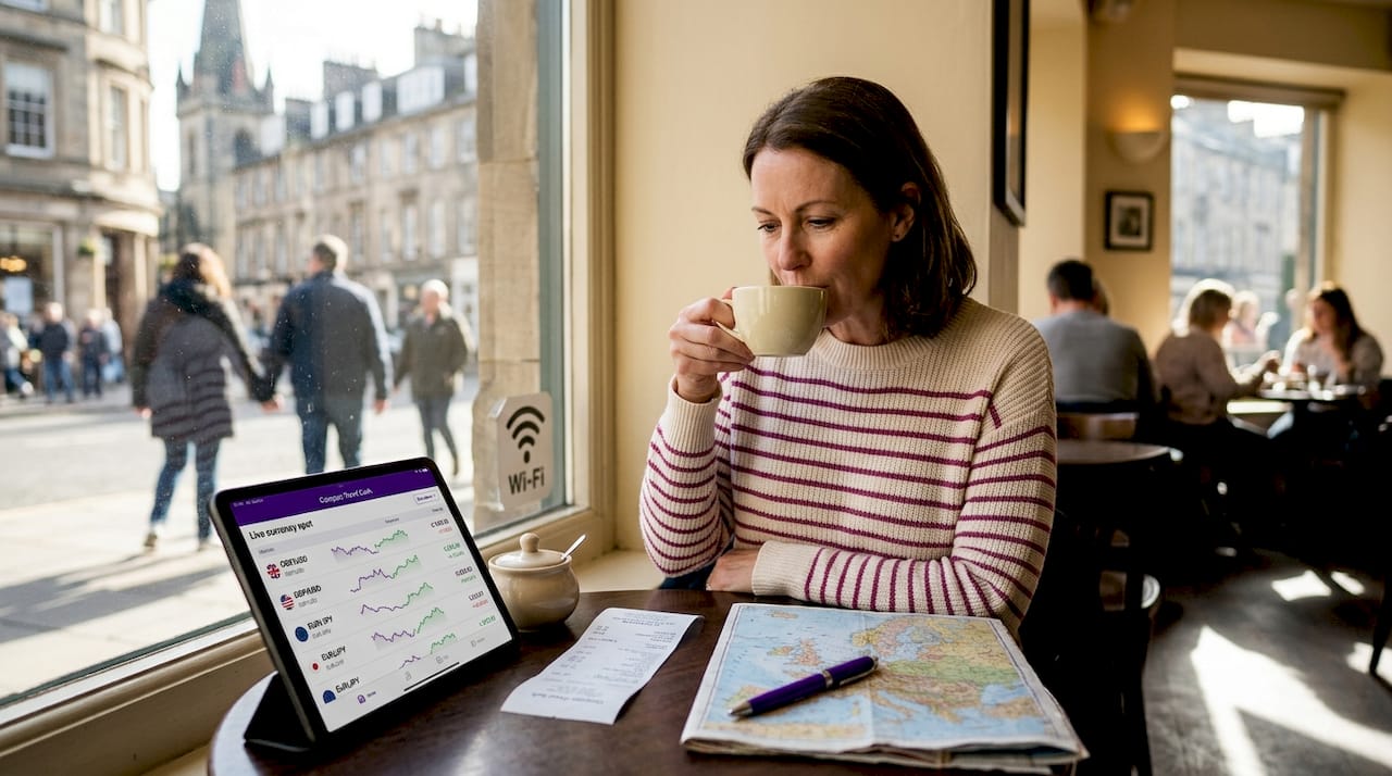 Woman checks spot rate on tablet in café