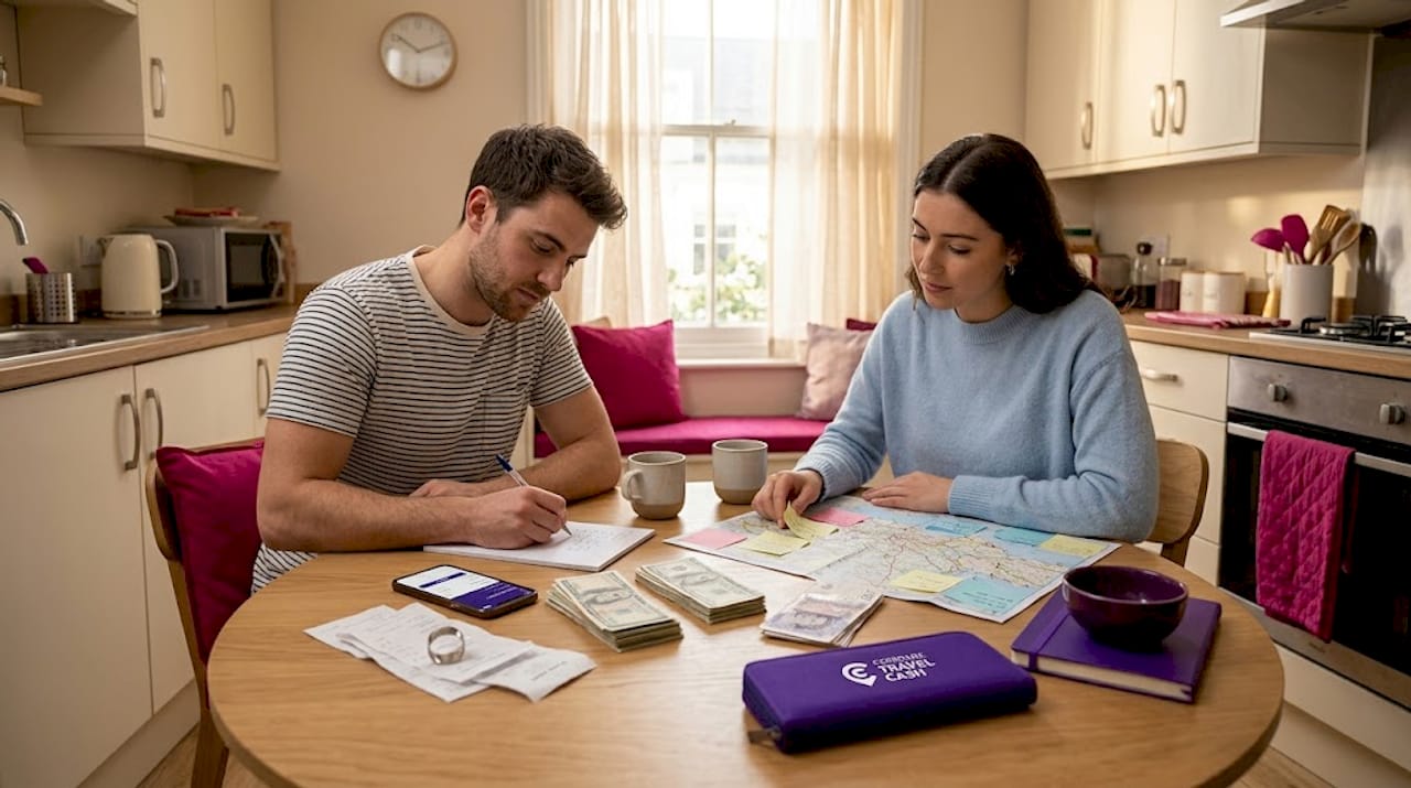 Couple planning with currencies and map