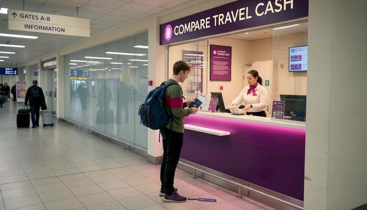 Traveler lining up at airport currency exchange