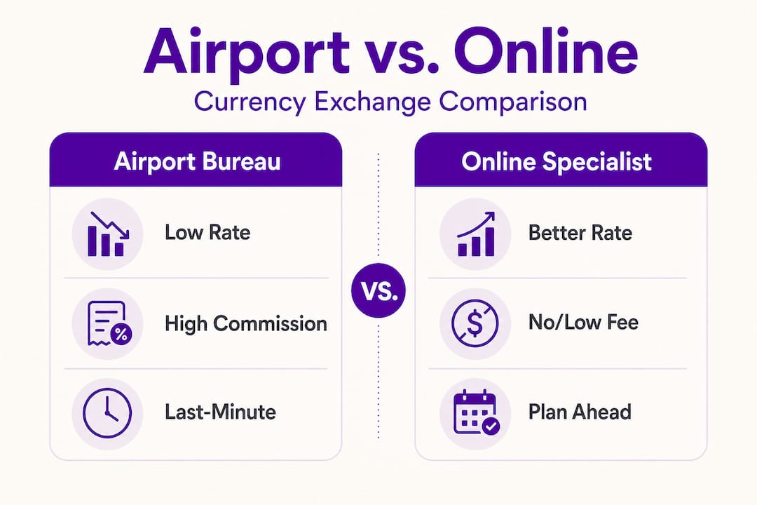 Infographic comparing airport versus online currency exchange