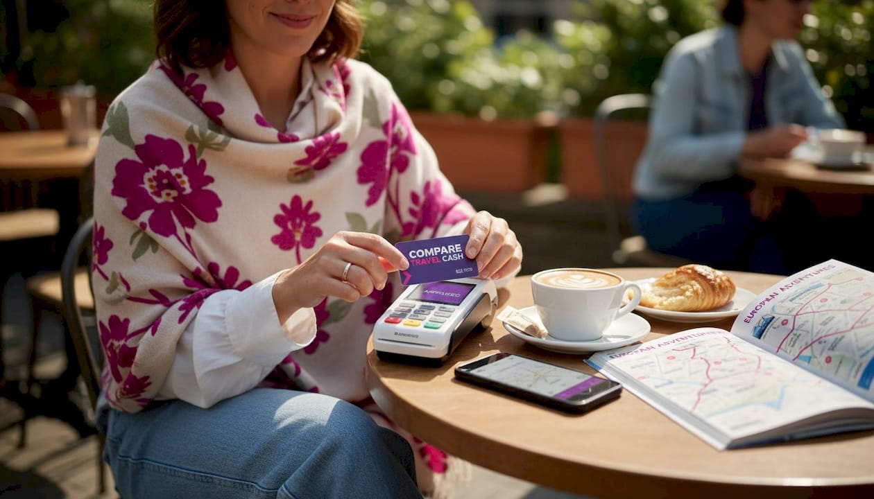 Woman paying with prepaid travel card in café