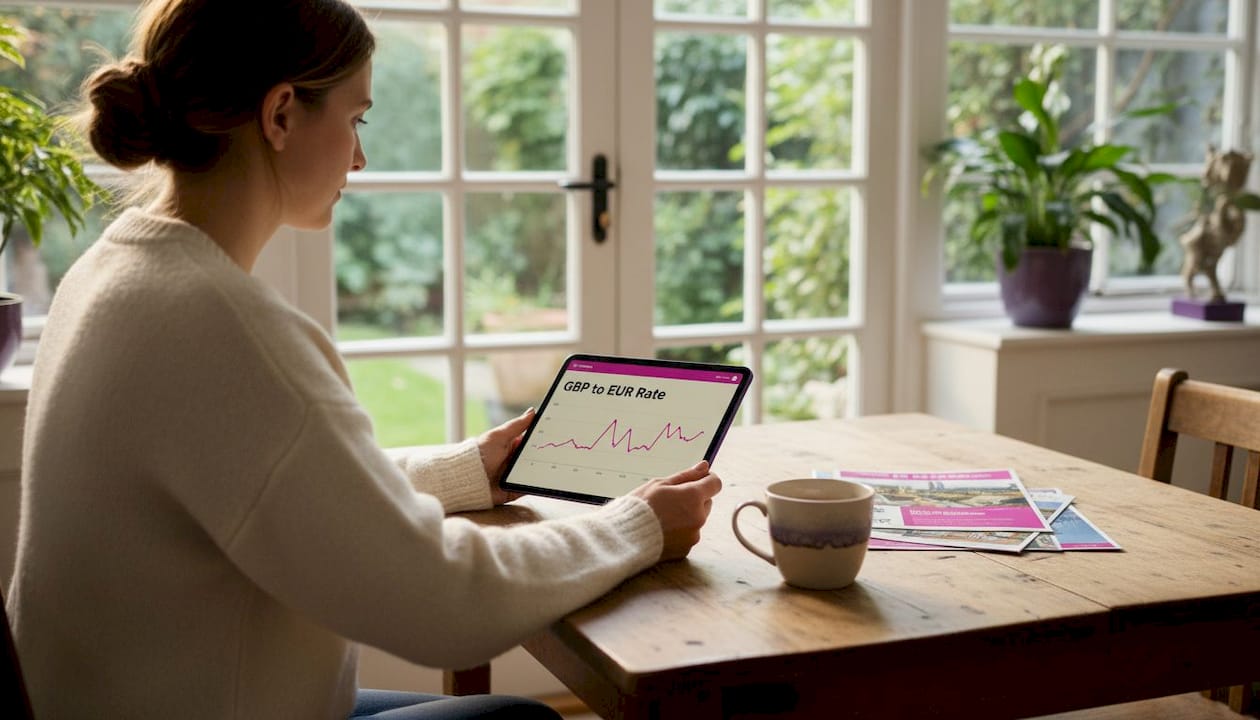 Woman checking currency rates at kitchen table