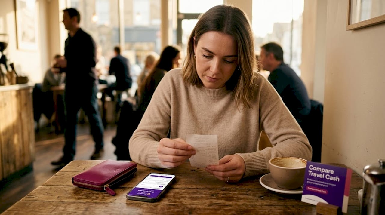 Woman verifying exchange rate on receipt