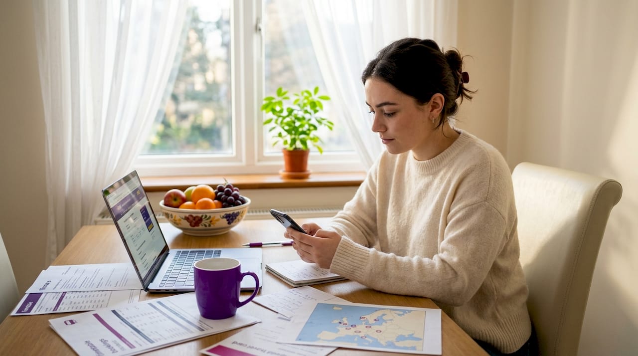 Woman using travel money app at table