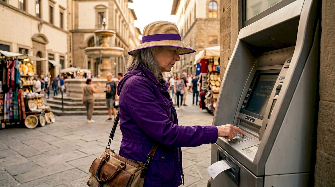 Woman uses ATM abroad reviewing exchange rates