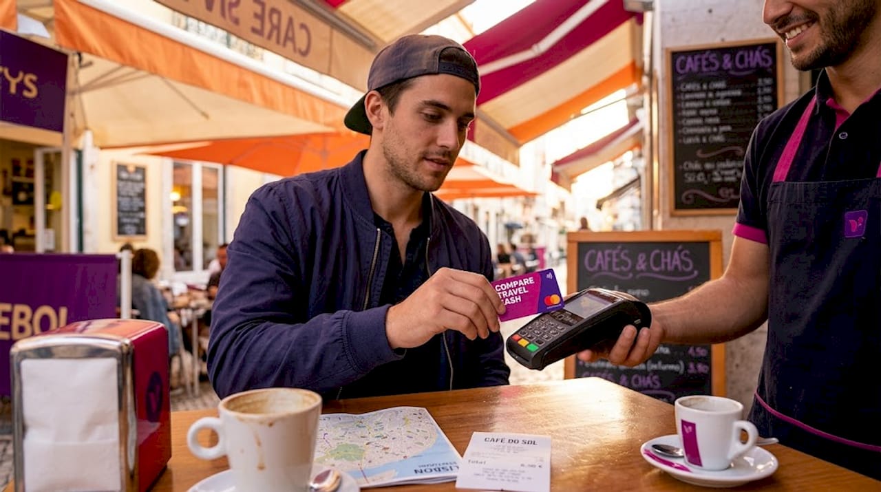 Traveller using card for coffee payment abroad