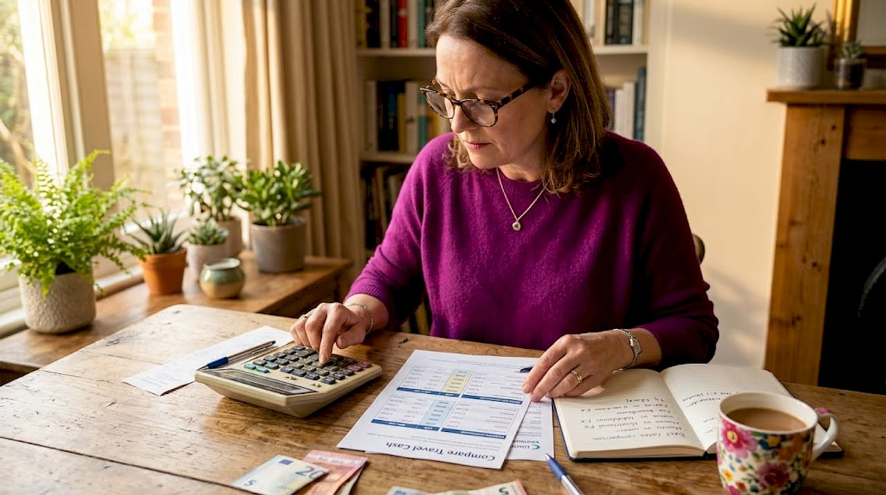 Woman checking exchange rates with receipts and calculator