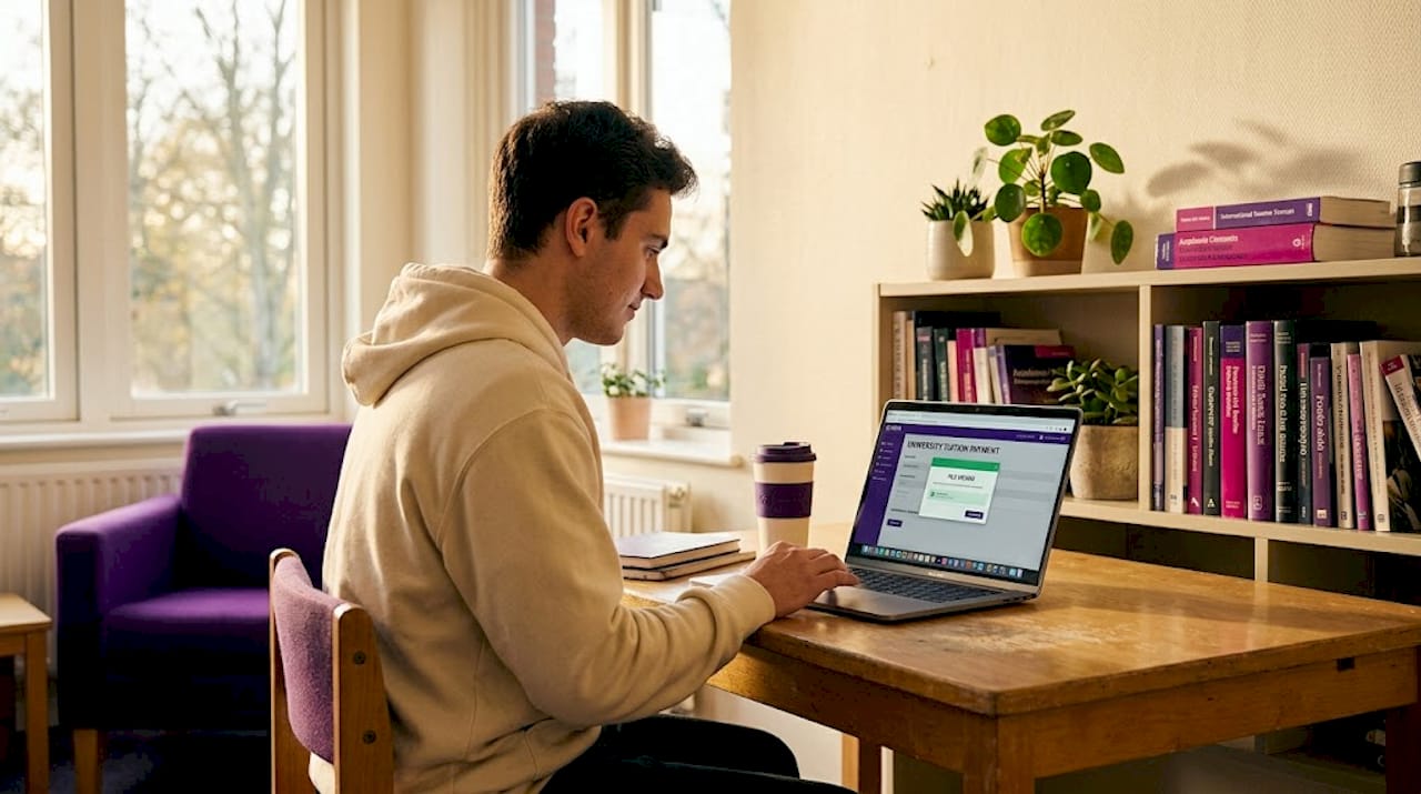 Student making international transfer at dorm desk