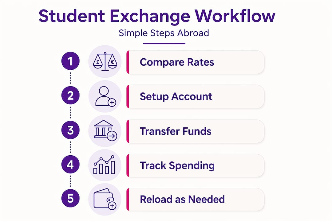 Infographic showing student currency exchange workflow steps