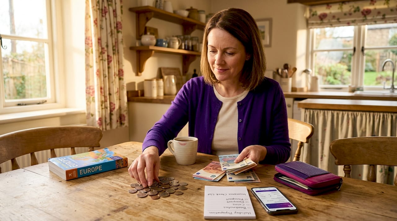 Woman sorting leftover travel cash by denomination