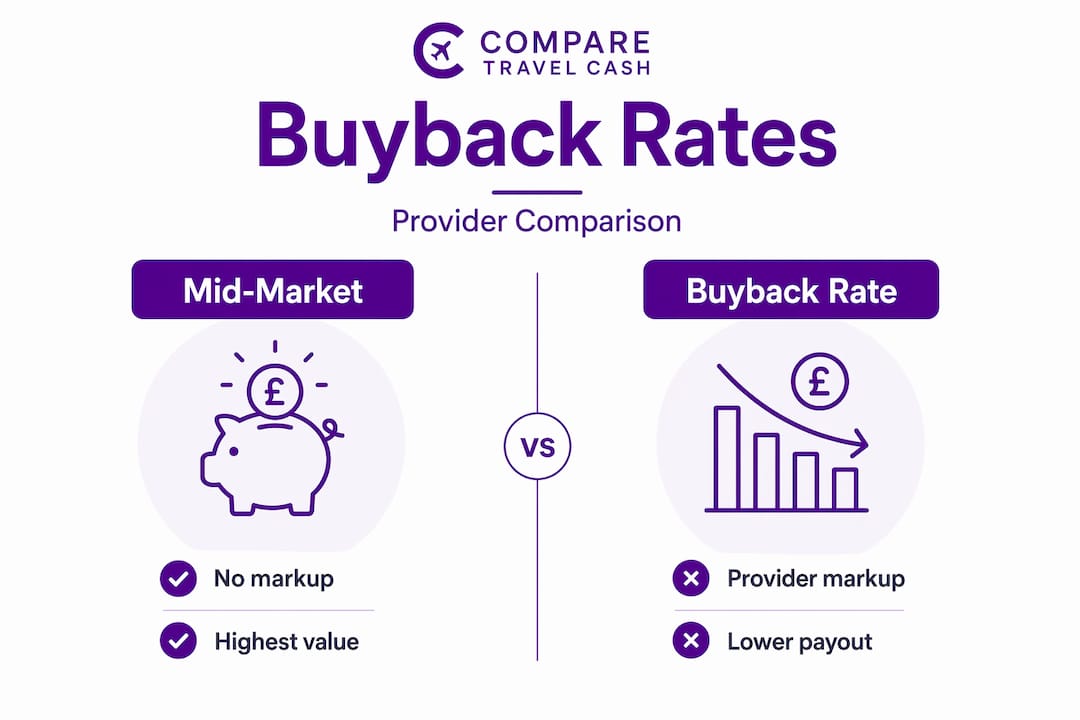 Infographic comparing mid-market and buyback currency rates
