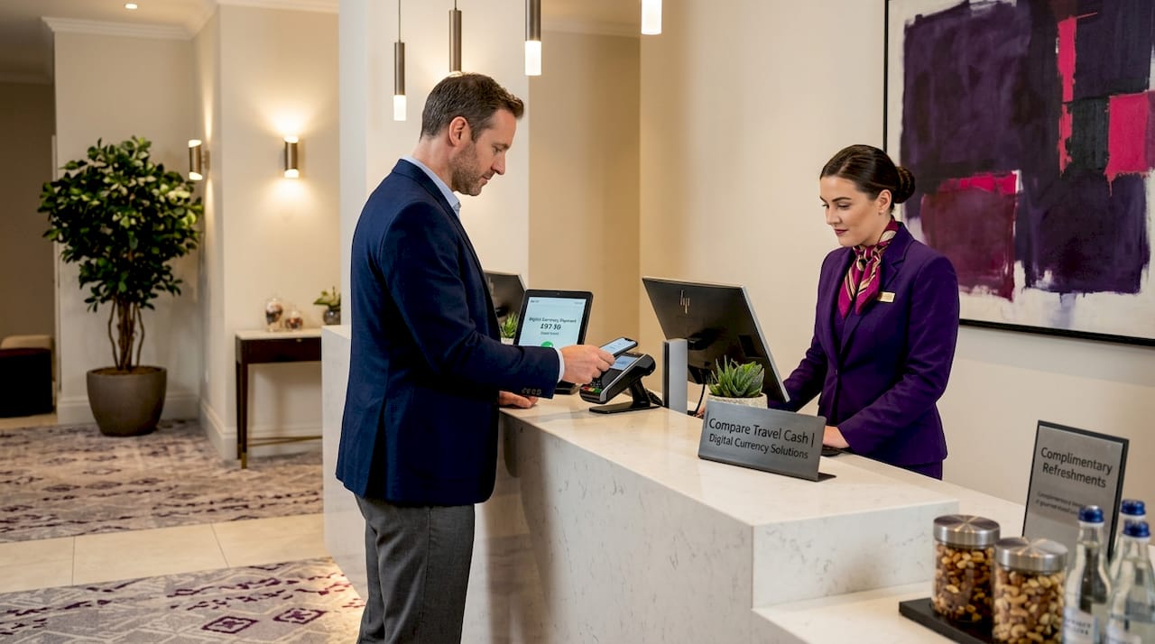 Man uses smartphone for hotel payment