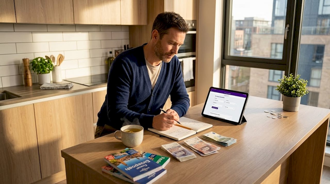 Man sorting travel cash for trip planning