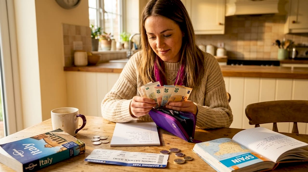Woman organizing euros in wallet for travel