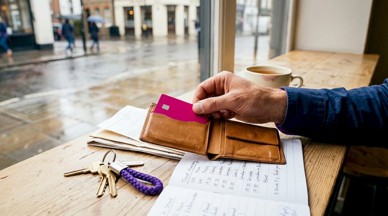 Hand placing prepaid card in wallet on café table