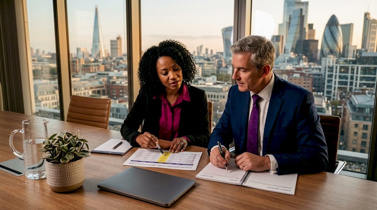 Bankers discussing foreign exchange rates over printout