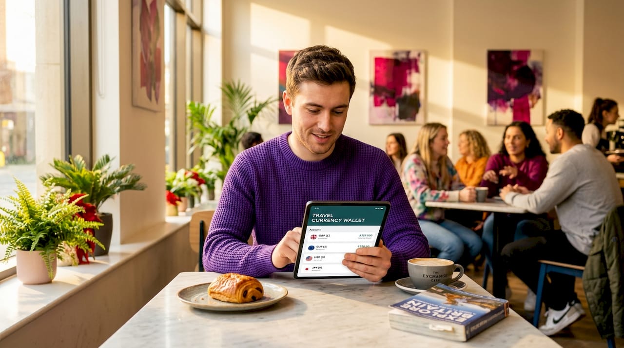 Traveler checking multi-currency wallet in hostel