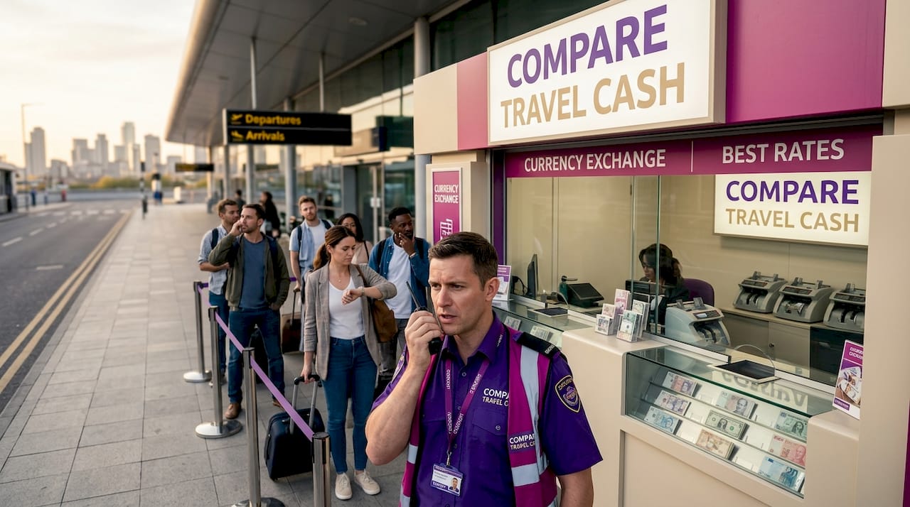 Security guard at currency exchange counter