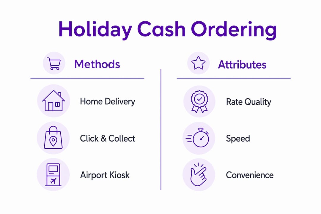 Infographic comparing holiday cash ordering methods and attributes