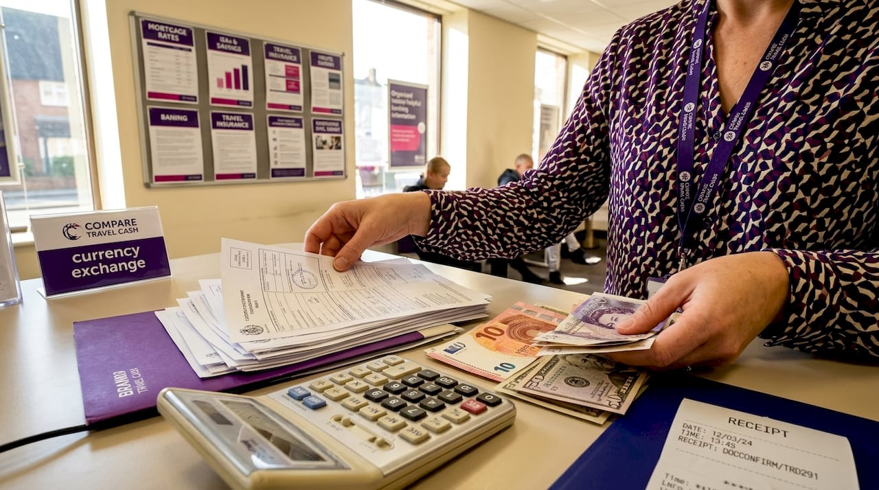 Bank teller processing foreign trade documents