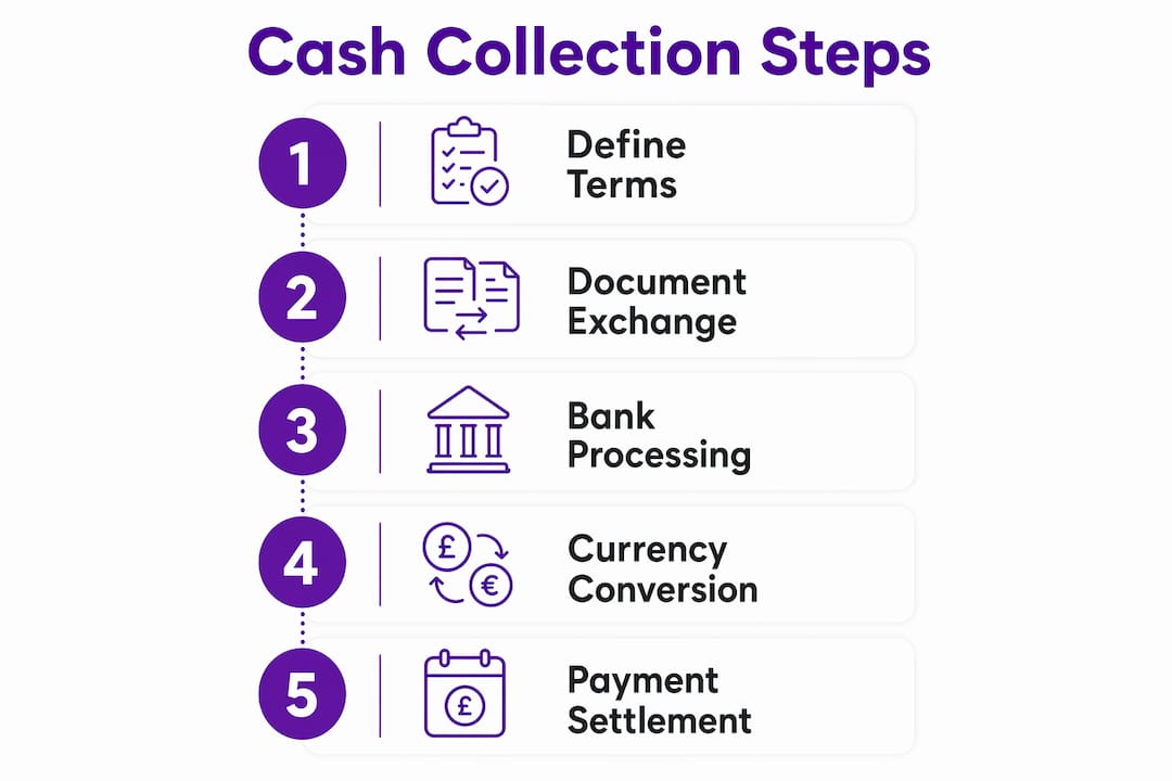 Infographic illustrating steps in foreign cash collection