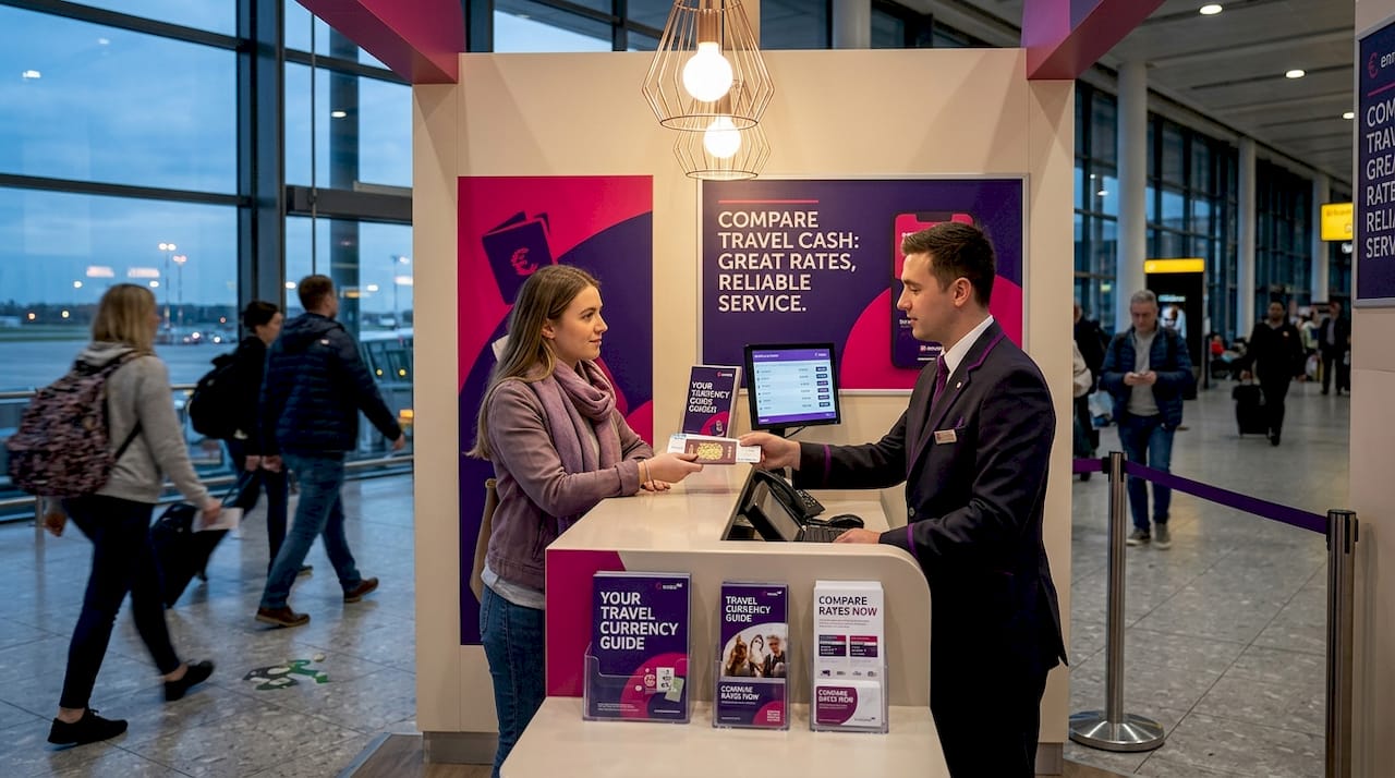 Airport currency exchange kiosk with customers