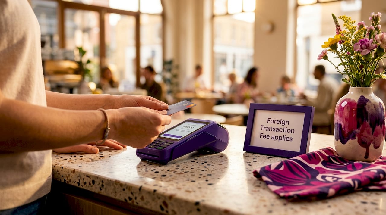 Card payment terminal showing foreign transaction fee sign