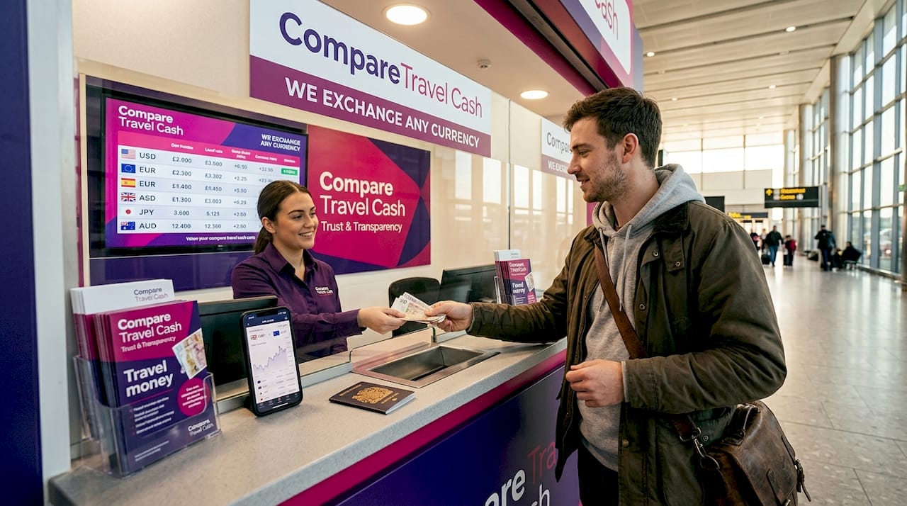 Traveller exchanging currency at airport counter