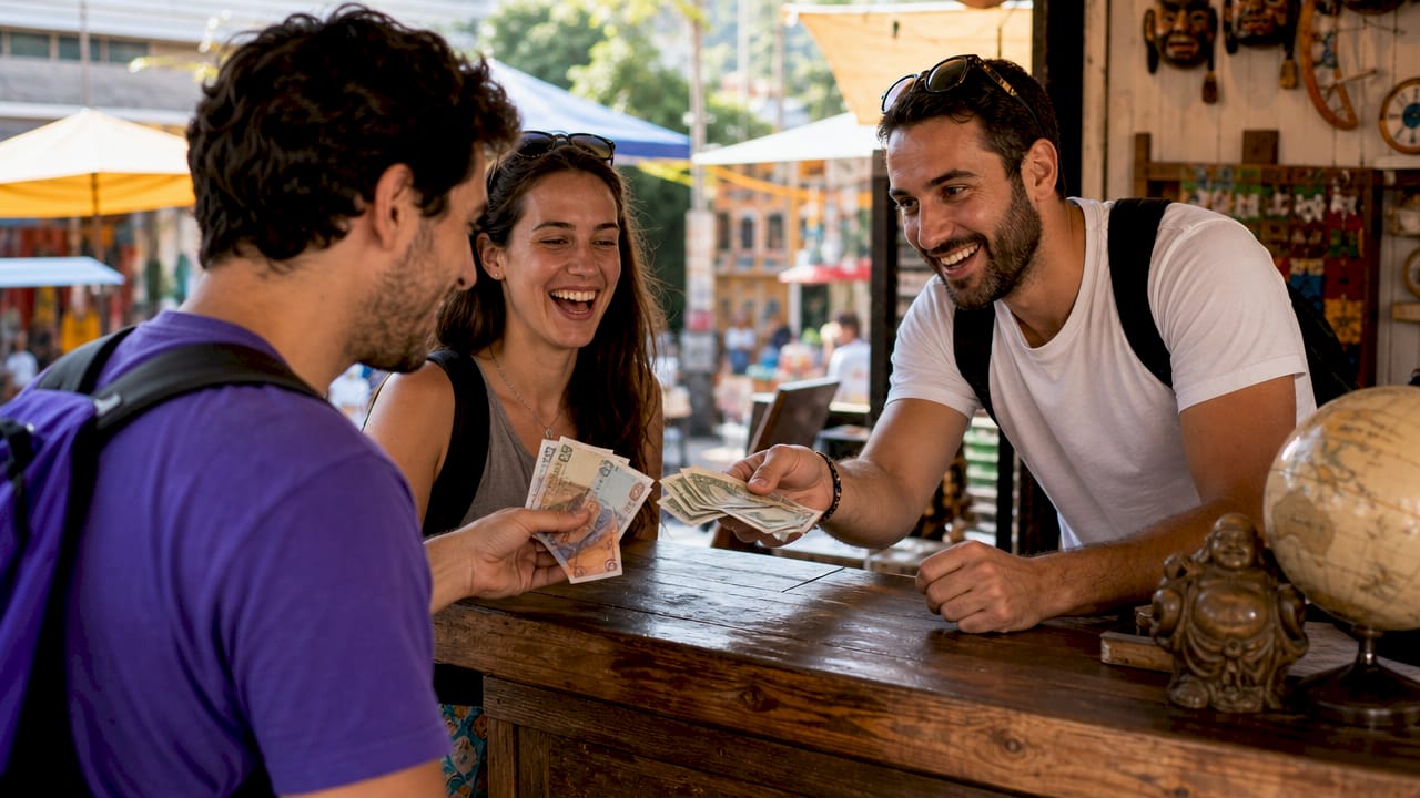 Close-up of cash exchange at outdoor currency booth