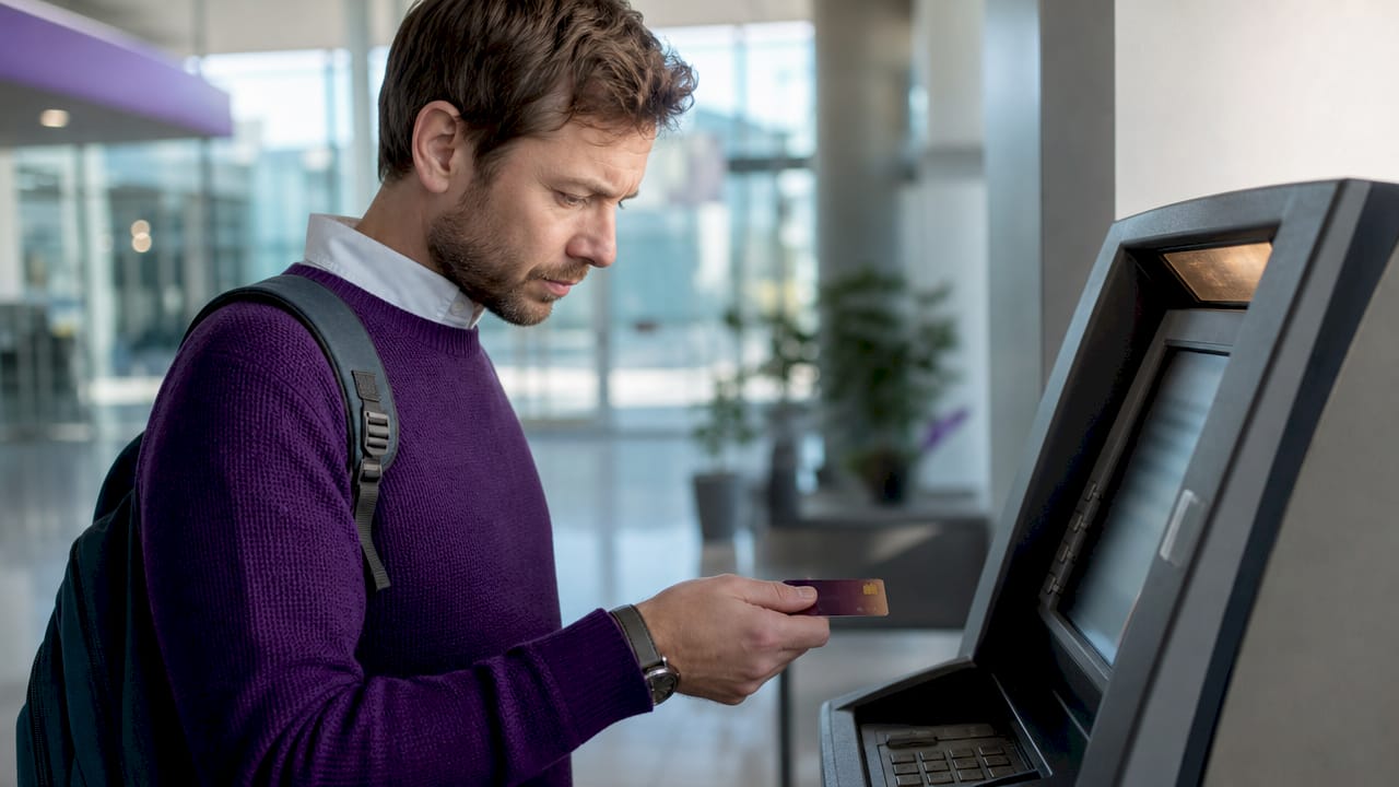 Hand using multi-currency card at ATM