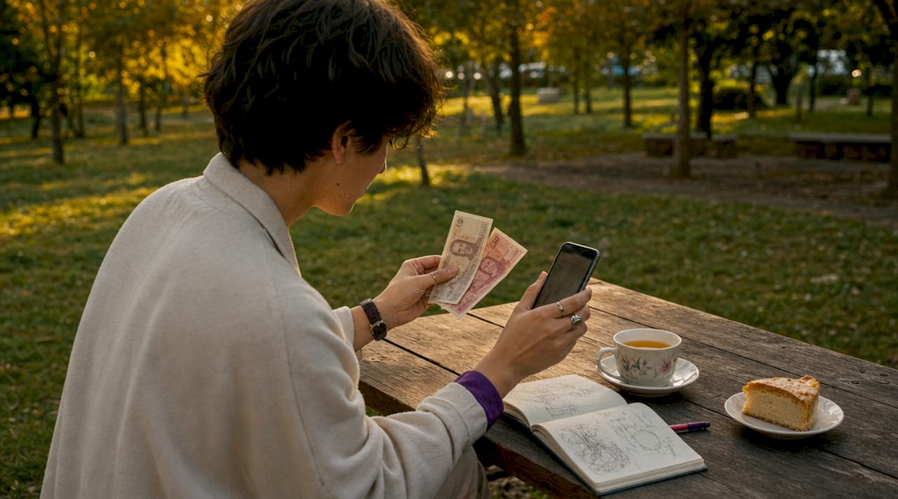 Hands comparing currency notes and mid-market rates on phone
