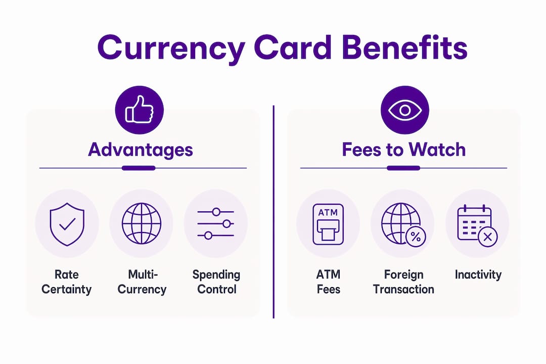Infographic comparing currency card benefits and fees
