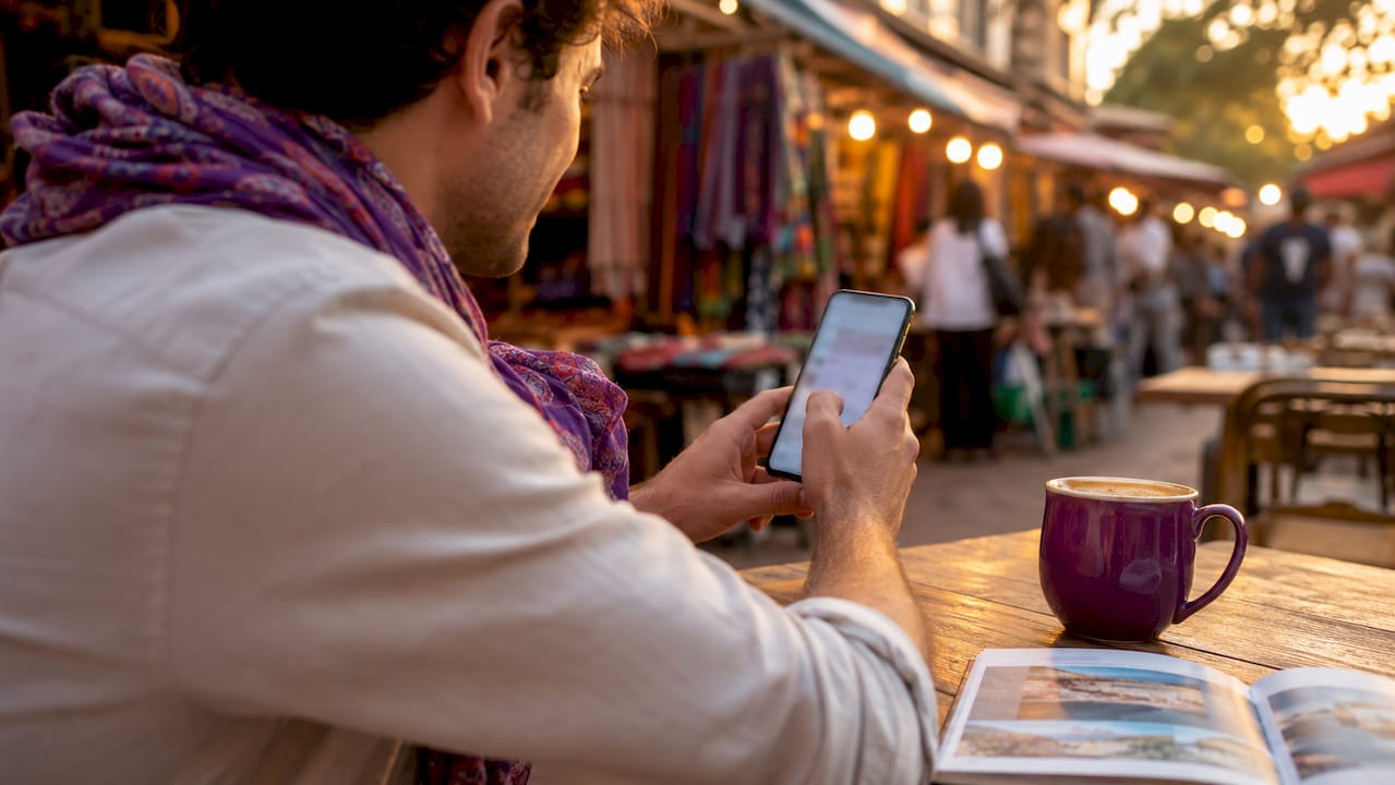 Hands using currency app in café setting