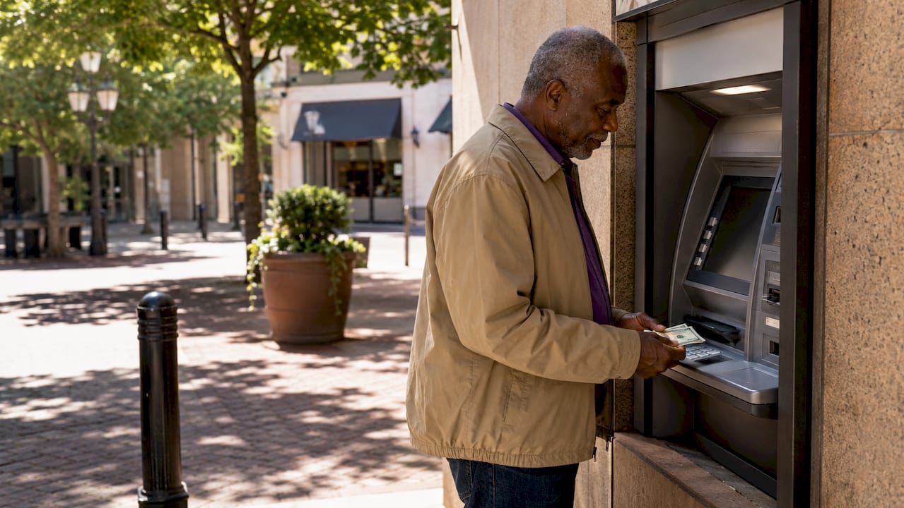Hands withdrawing cash at foreign ATM