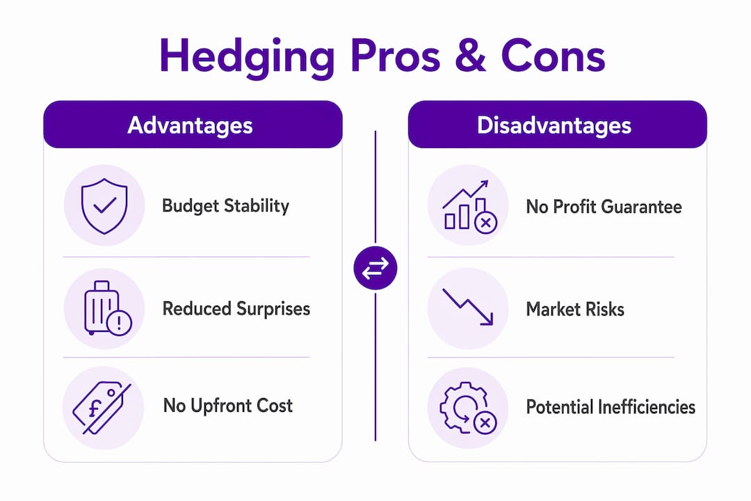 Infographic comparing advantages and disadvantages of currency hedging