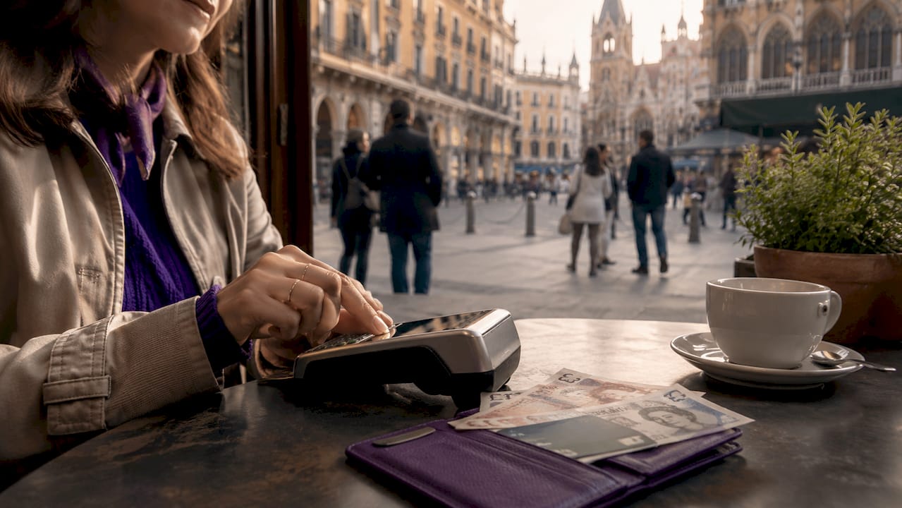 Traveller using card terminal at hotel reception