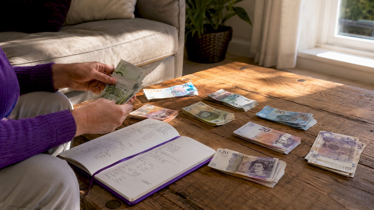 Hands counting currency notes and calculator on desk