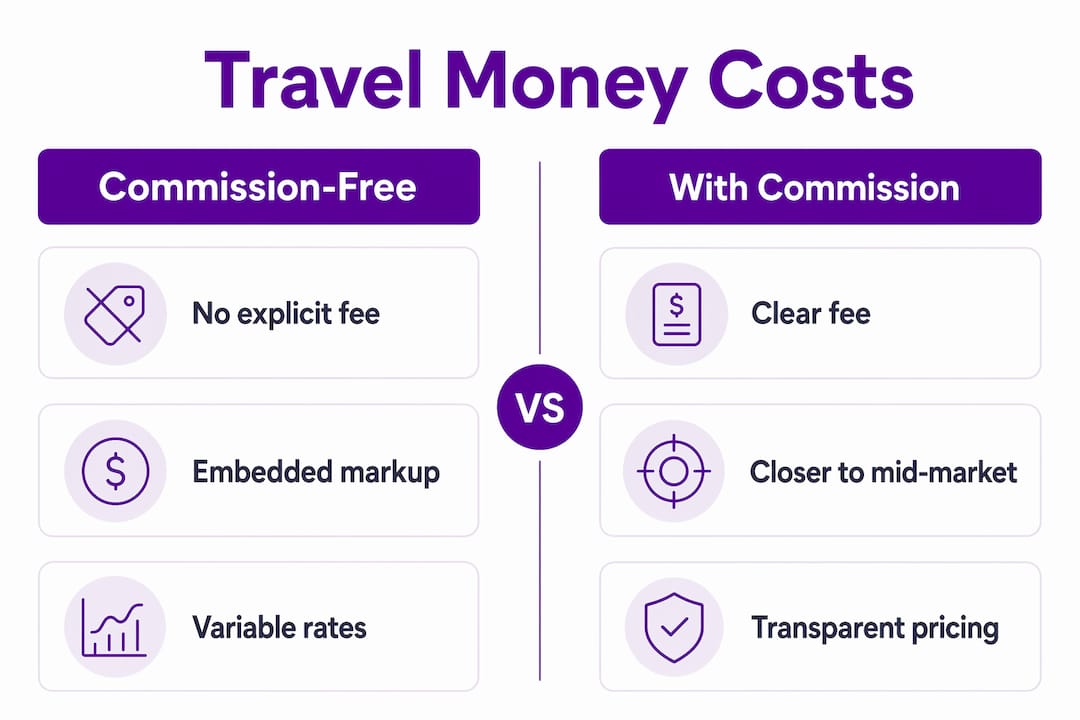 Infographic comparing commission-free and commissioned travel money costs